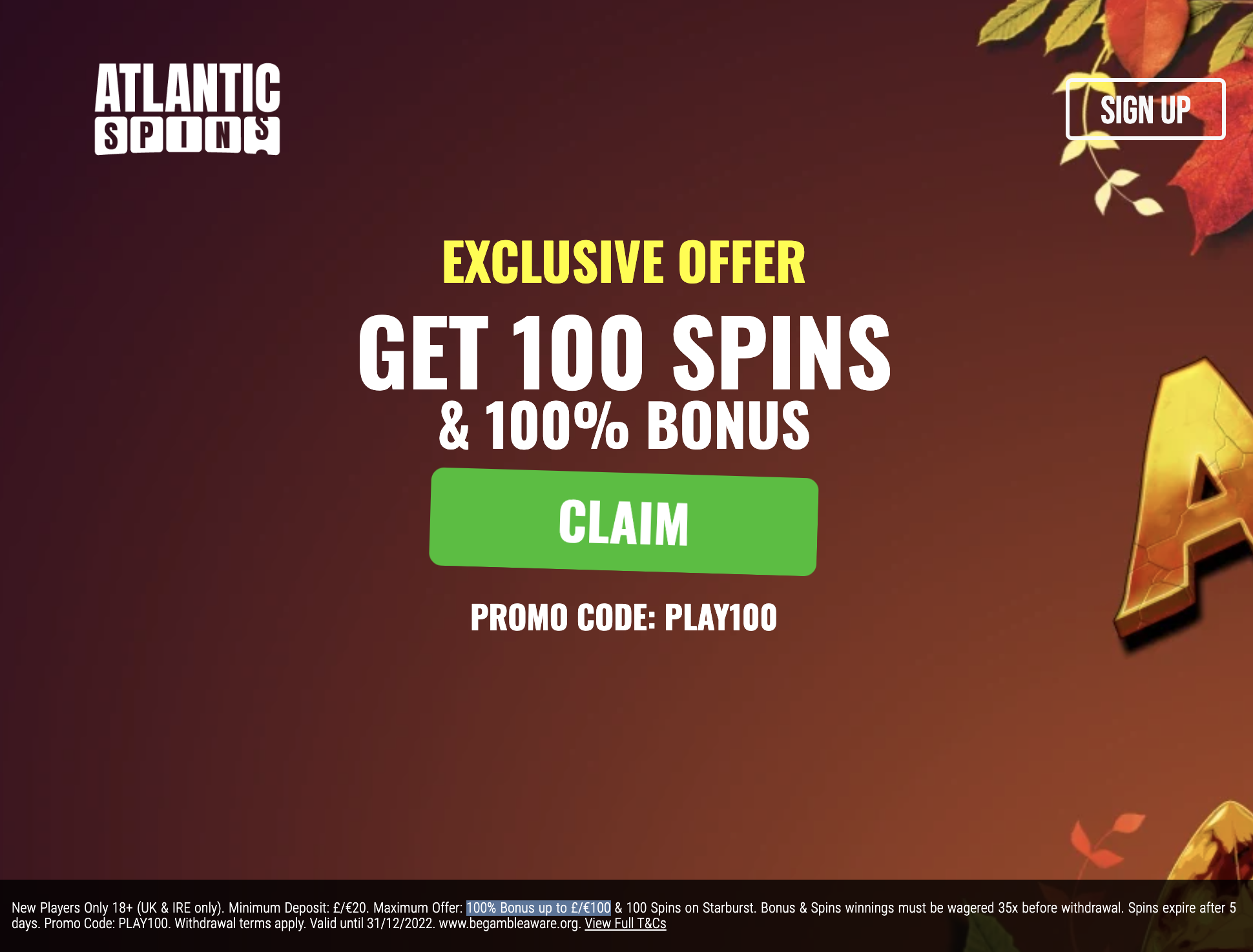 Atlantic Spins - 100 Free Spins on Starburst + 100% up to £100